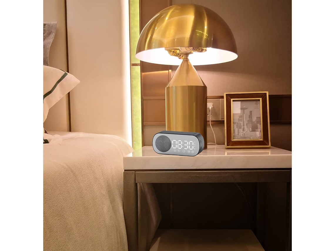 Altavoz alarma dual reloj despertador digital bluetooth pantalla de espejo  led recargable y radio fm tarjeta tf negro