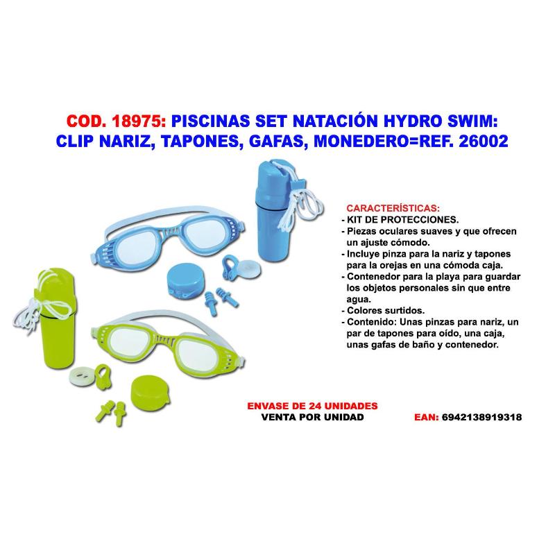 Piscinas set natacion clip nariz, tapones, gafas, monedero 26002