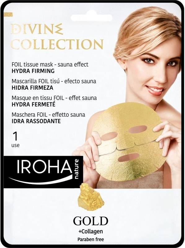 Iroha Nature Mascarilla facial divine foil hidra firmeza efecto sauna con oro 24k y 1 unidad gold tissue hydrafirming