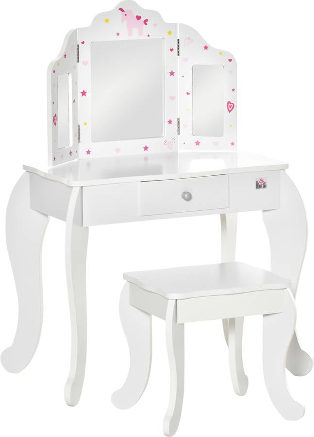 Homcom Tocador Infantil madera con taburete y espejo 3 sectores mesa maquillaje para niñas habitación del 63x40x855 cm 311037