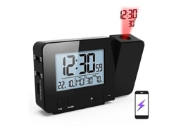 XGF Reloj de alarma de proyección para el dormitorio con termómetro Hygrometro Proyecto digital Reloj Techo Pantalla LED DIMMABLE con cargador USB 180 ° Rotable con alarmas duales de 12/24h SNOOZE