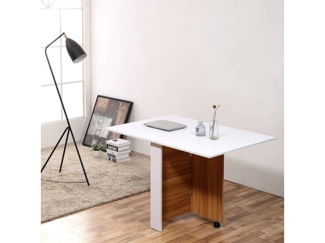 Homcom Mesa De comedor plegable con ruedas estante multifuncional para 3 formas auxiliar blanco y madera 833412 120x80x73cm