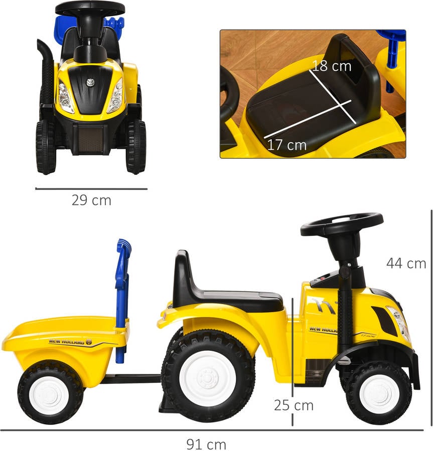 Homcom Tractor Infantil con remolque farospala y rastrillo andador desmontable amarillo 1