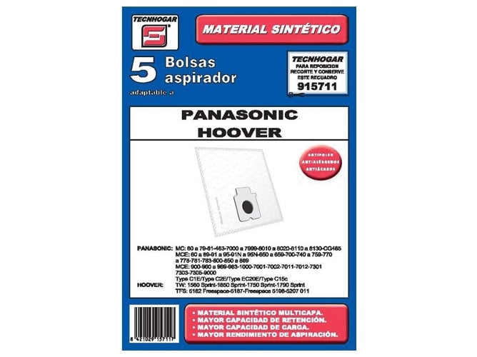 Pack De 5 bolsas aspirador tecnhogar adaptable hoover panasonic ersa 915711