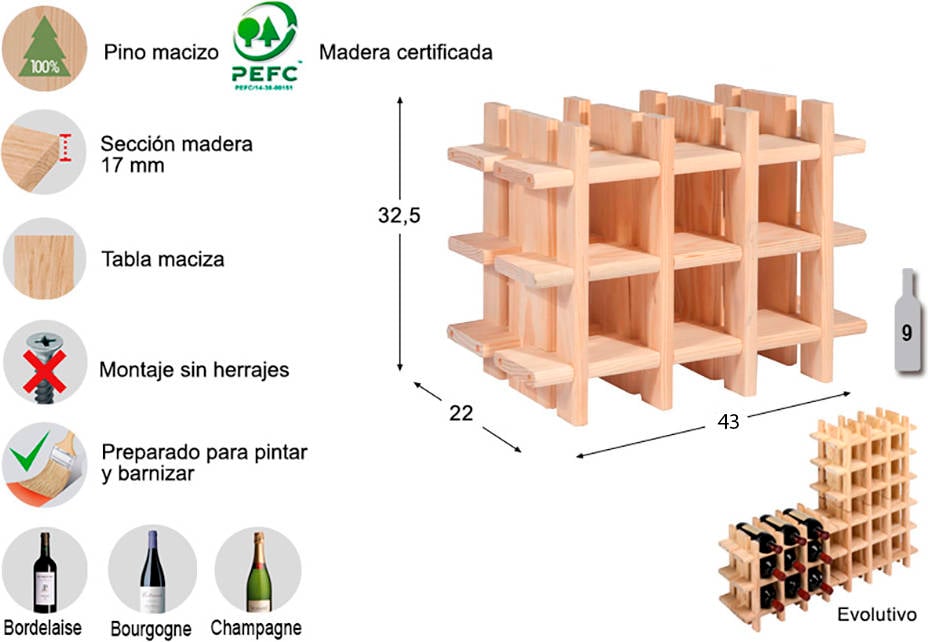 Botella Evolutiva de Rioja para 9 Botellas Pino Masivo ASTIGARRAGA