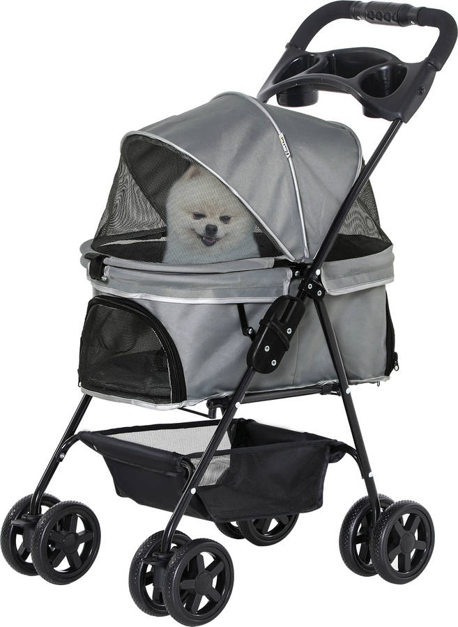 Carritos Paseo Pawhut d00127gy gris 67 x 45 96 cm hasta15 kg cochecito para mascotas plegable perros desmontable acero tela oxford