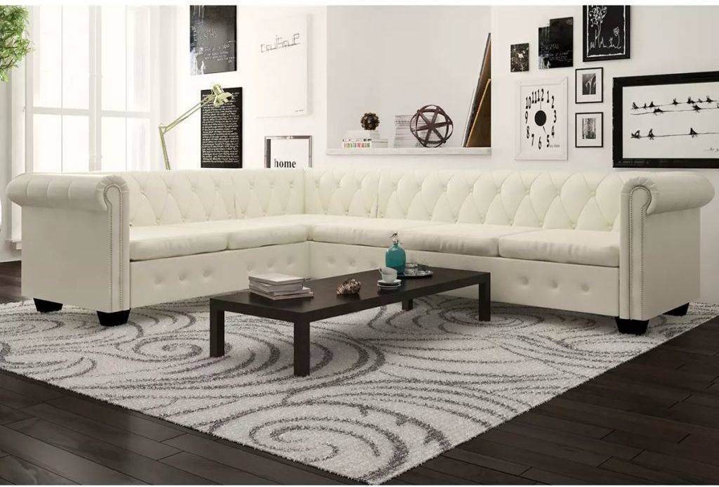 Sofá de Canto VIDAXL Chesterfield 243616 Cuero Artificial Blanco (Plazas: 6)