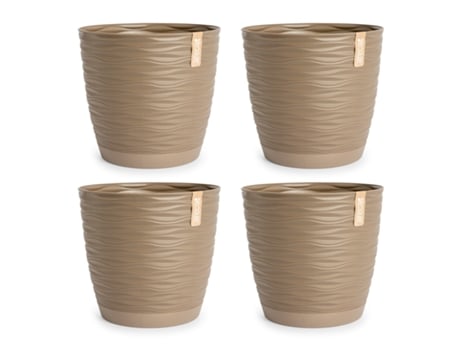 Set de 4 Macetas Decorativas Redondas 17 cm con Platos Integrados. Taupe ARECA