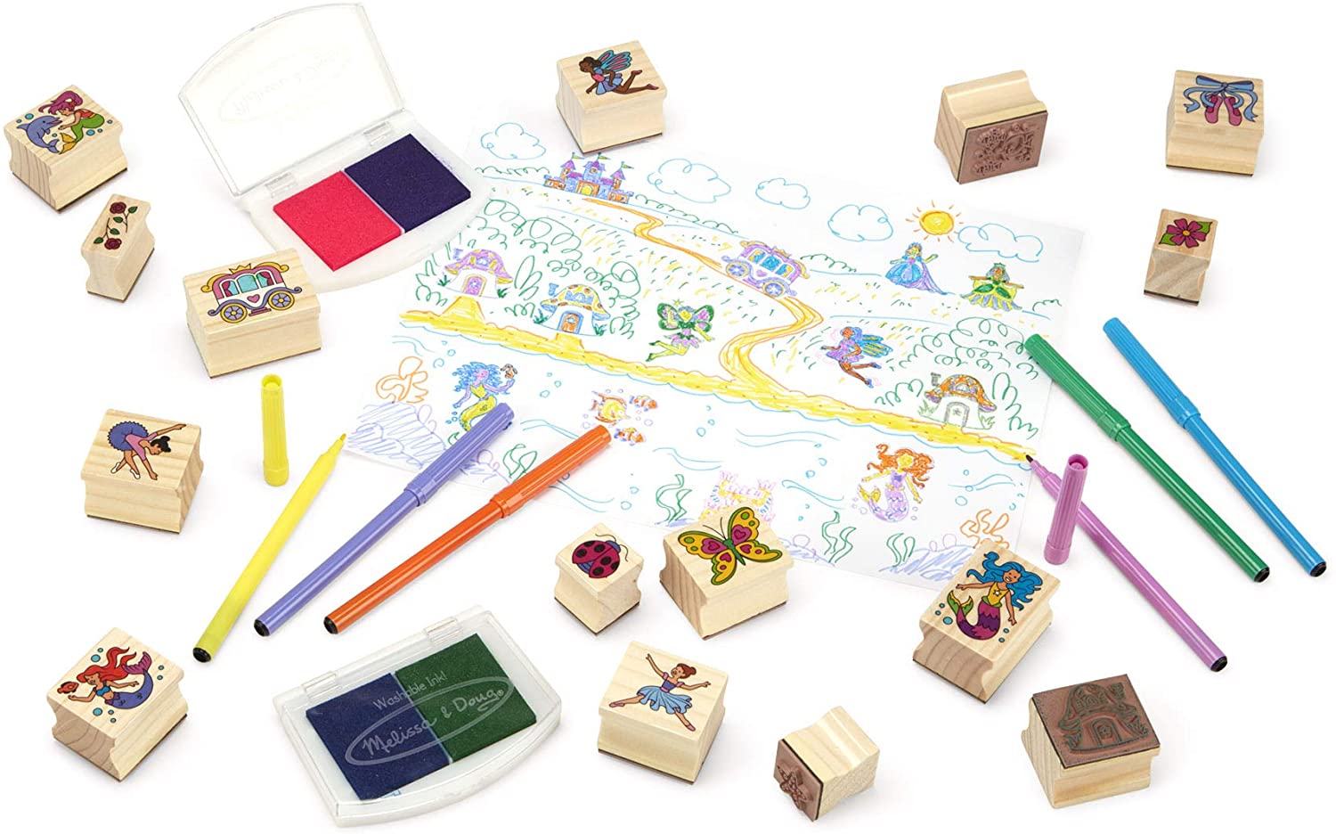 Melissa Doug Juego sellos madera lujo diseño cuento artes y manualidades 3 regalo para niño o jogo mesa deluxe wooden stamp set fairy tale 2