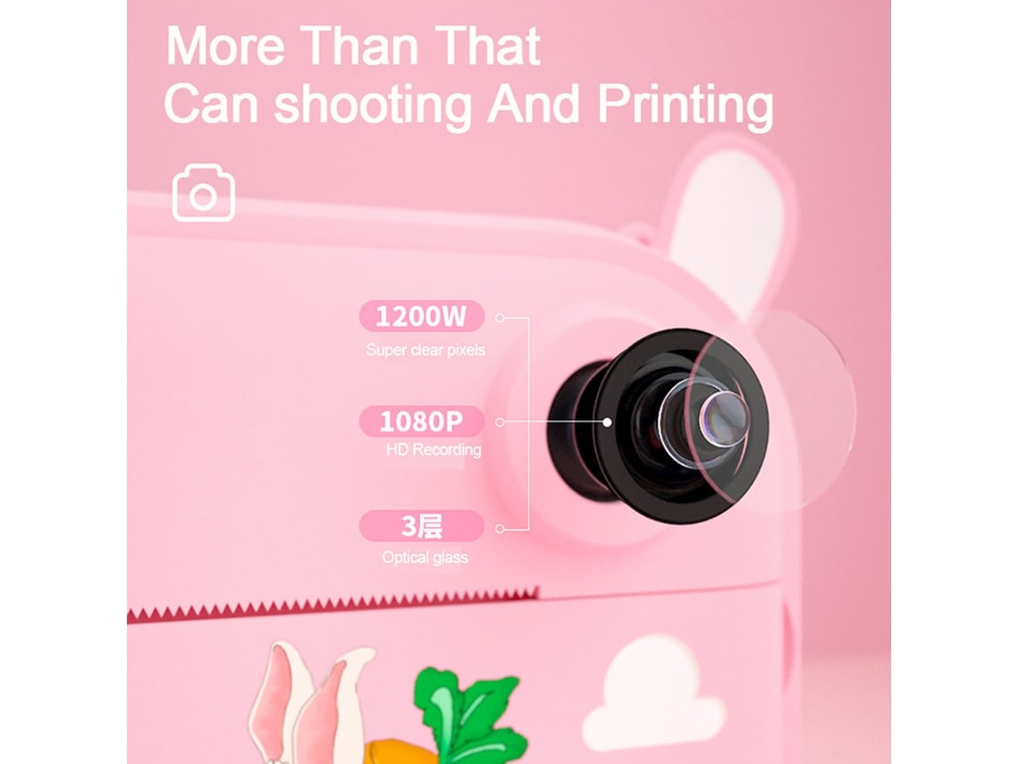 Cámara de Impresión Instantánea ENKERS 32Gb Infantil con 2 Rollos de Papel  para Imprimir Rosa