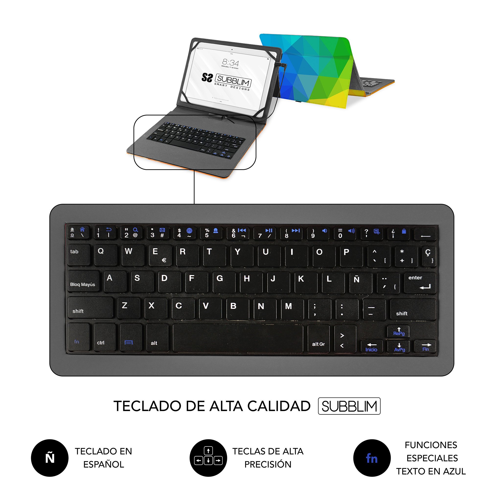 Subblim Funda Con teclado micro usb – type keytab 11 triangulos universal tablet 11.1 multicolor para español pulgadas cierre compatible dispositivos