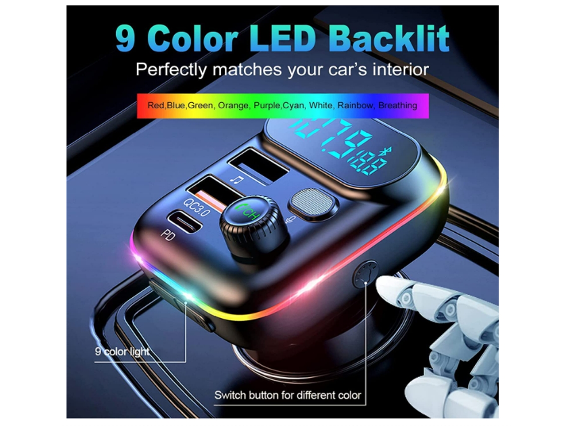 Transmisor FM Bluetooth para automóvil, QC3.0 y USB-C PD de 18 W, cargador  rápido y 7 colores retroiluminados LED para coche, adaptador Bluetooth