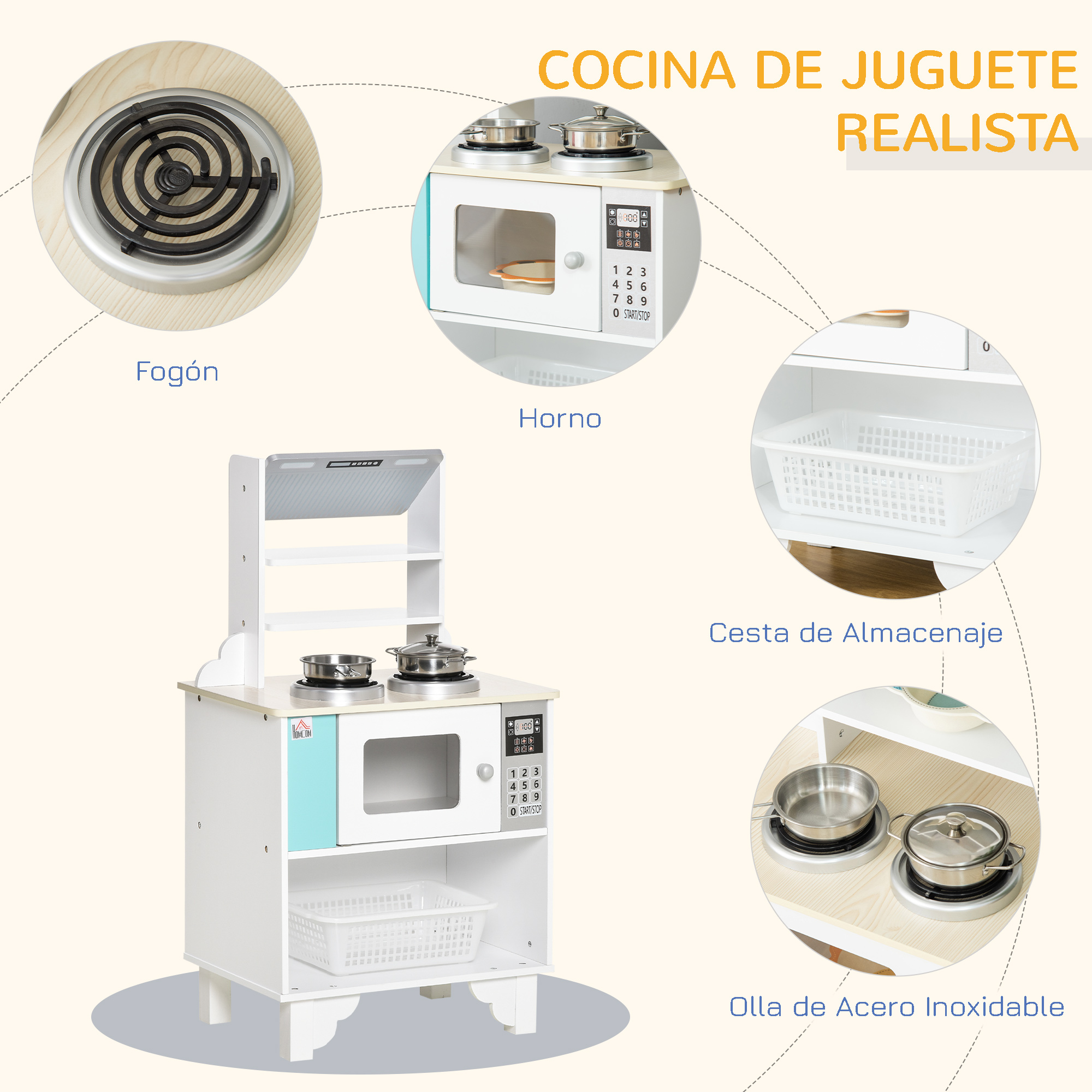 Homcom Cocinas De Juguete De Madera Para Niños De +3 Años Cocinita Infantil Con Cesta De Almacenaje Teléfono Accesorios Dispensador De Agua Y Microondas 42X29X76 Cm Blanco