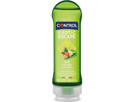 Control Gel Exotic escape 2 en 1 de masaje corporal aroma frutas tropicales 200 ml base acuosa compatible preservativo hidratante sin no