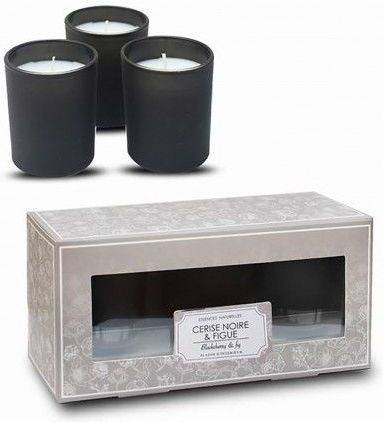 Vela Perfumada Cereza negra pack 3 decorativas y vaso cristal 12 horas 6x4 cm