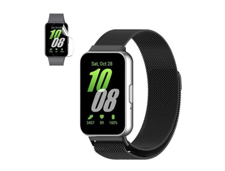 Kit De Pulsera Con Cierre Magnético Milanese Loop + Película De Gel De Cubierta Completa PHONECARE Para Samsung Galaxy Fit3 - Negro / Transparente