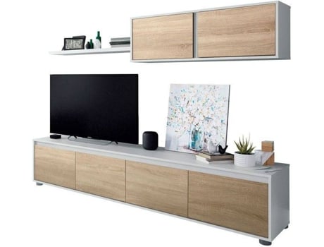 Muebles de Salón para TV, 320x186x35cm, Chimenea eléctrica, Roble y negro