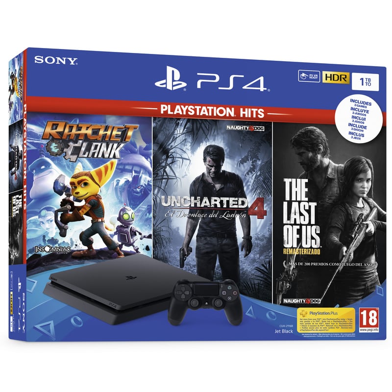 Consola PS4 Slim + Ratchet, Uncharted 4, Last Of Us (1 TB)