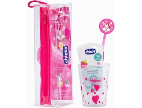 Chicco Estuche Cepillo de dientes para niños vaso cerdas suaves agarre y juego +3 años rosa conjunto 36a