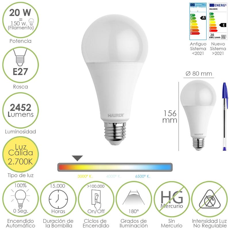 Bombilla led estandar rosca e27. 20  watt. equivale a 150 watt. 2452 lumenes. luz calida (3000  k.)