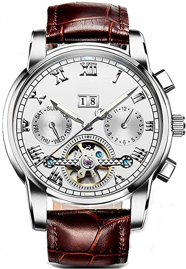 Reloj GETEK Esfera Blanca Hombre (Cuero - Marrón y Plateado)