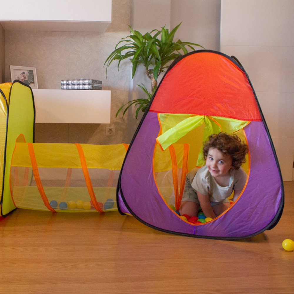 Tienda de Campaña para Juegos Infantil MOBICLINIC Doble Carpa con Túnel Plegable Incluye Bolas Fortaleza