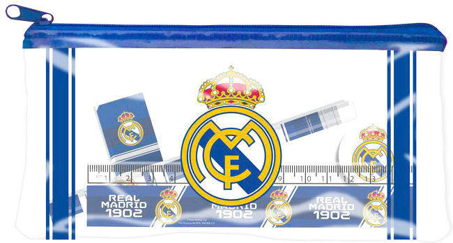 Real Madrid Cf estuche con material escolar juvenil portatodo de cremallera color blanco producto oficial cyp brands 20x2x10cm