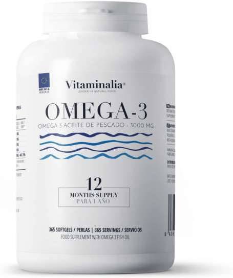 Omega 3 1000mg de vitaminalia suministro anual aceite pescado sin gluten grasos 18 epa 12 dha omg lactosa 365 omega3