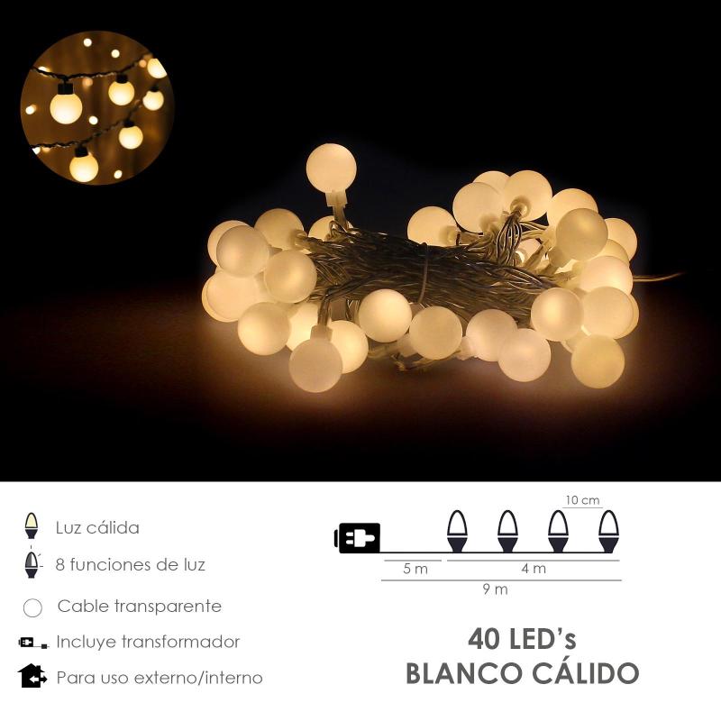 Guinalda luces navidad esfera 40 leds blanco calido. luz navidad interiores y exteriores ip44