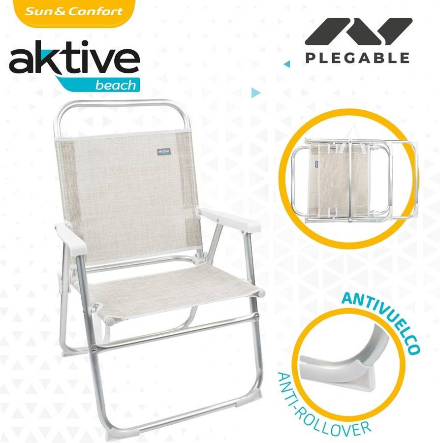 Silla Playa Aktive aluminio beige 51x56x90cm 53974 plegable alta con respaldo fijo mide 56x50x88 altura del asiento 38 51x56x90