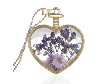 Collares de flores de cerezo para mujeres joyas corazón vidrio púrpura hojas de flores secas