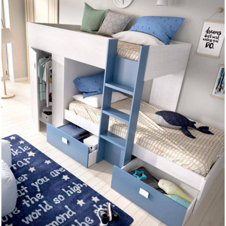 Conjunto de Cuarto DKIT (2 Camas + Escalera + Armario + Cajones) (Azul y Blanco)