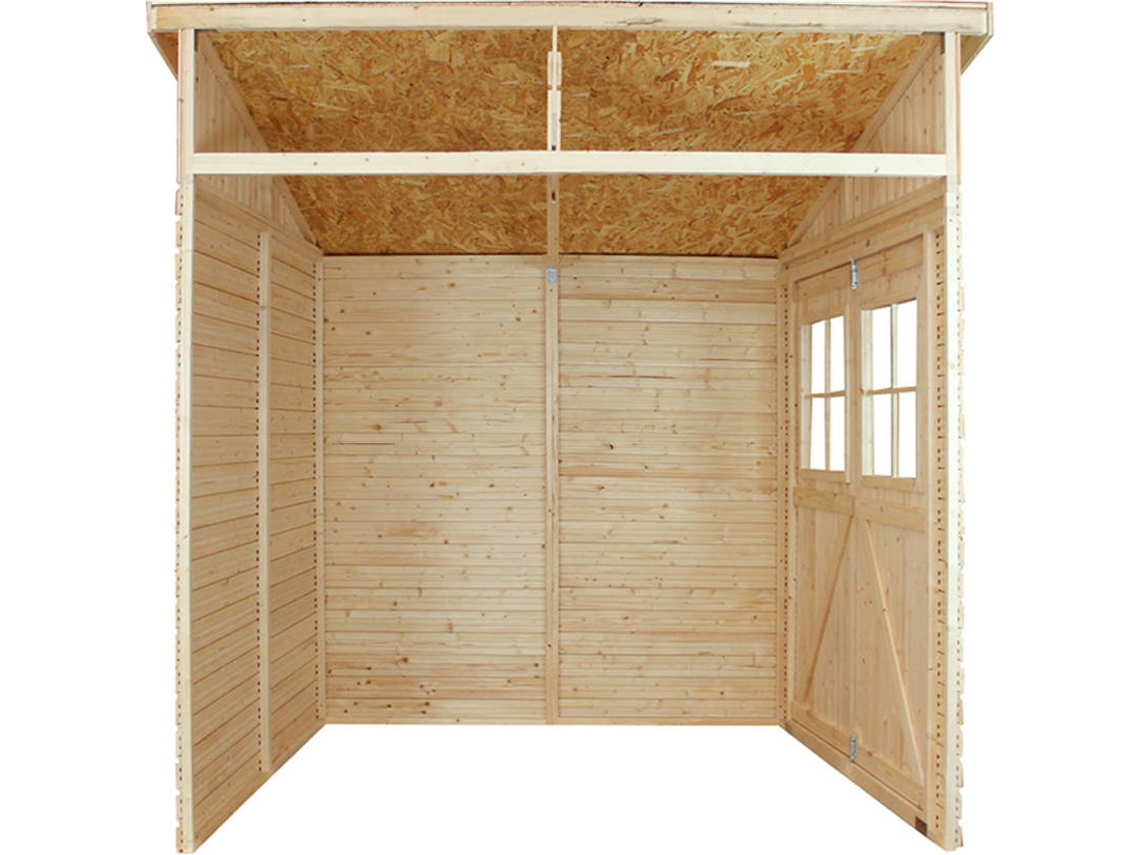 Caseta de jardín de madera natural (con pared lateral) 207x200 cm / 4,1 m²  - Almacén exterior con ventanas - Caseta de jardín - TIMBELA M338A