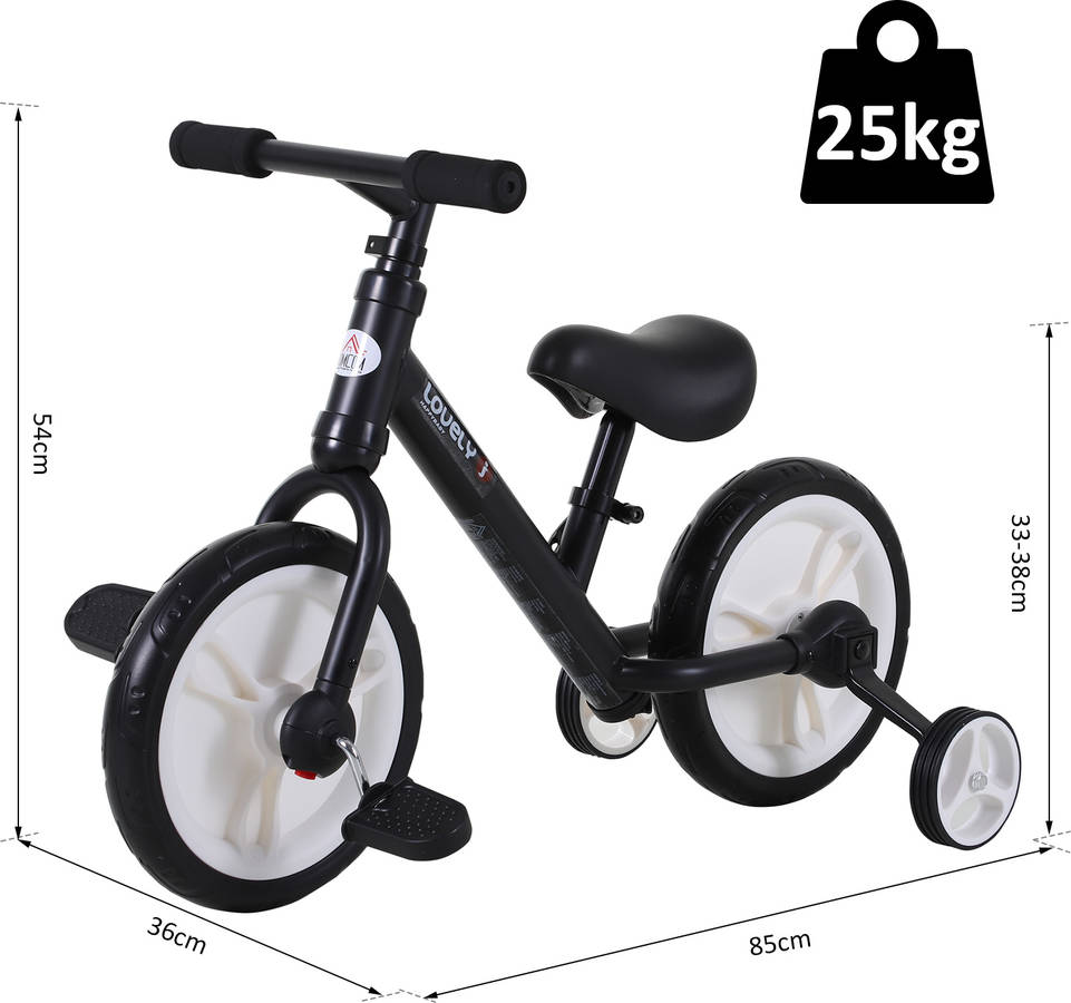 Bicicleta HOMCOM con Pedales y Ruedas Desmontables (Negro - 85x36x54cm)