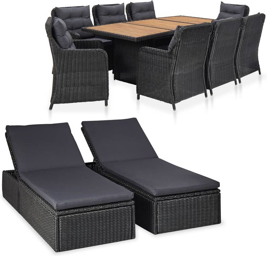 Conjunto de Comedor Jardín VIDAXL 3057807 (Negro - Poli Ratán - 200x100x74 cm - 11 Piezas)