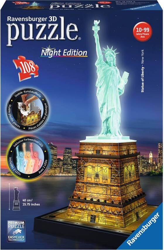 Puzzle 3D RAVENSBURGER Estatua de la Libertad NY: Night Edition (Edad Mínima: 10 - 108 Piezas)