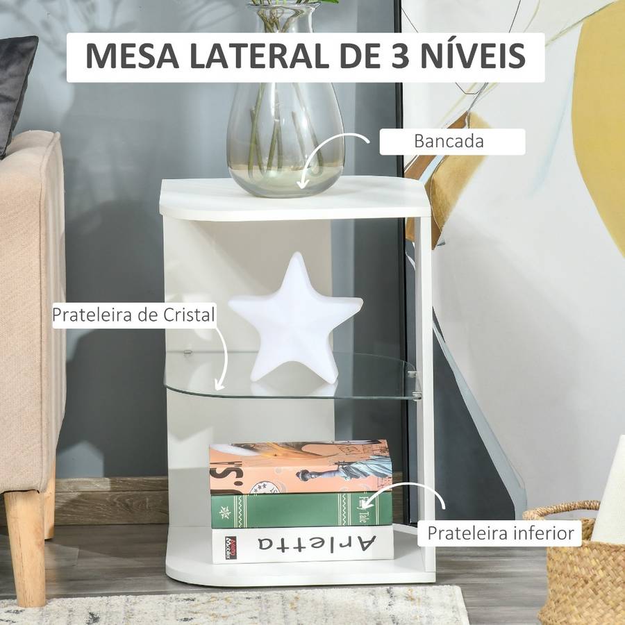 Mesita Auxiliar De moderna mesilla noche con 3 estantes tablero vidrio café para estar dormitorio 40x40x56 cm homcom 839120wt blanco 40x40x56cm