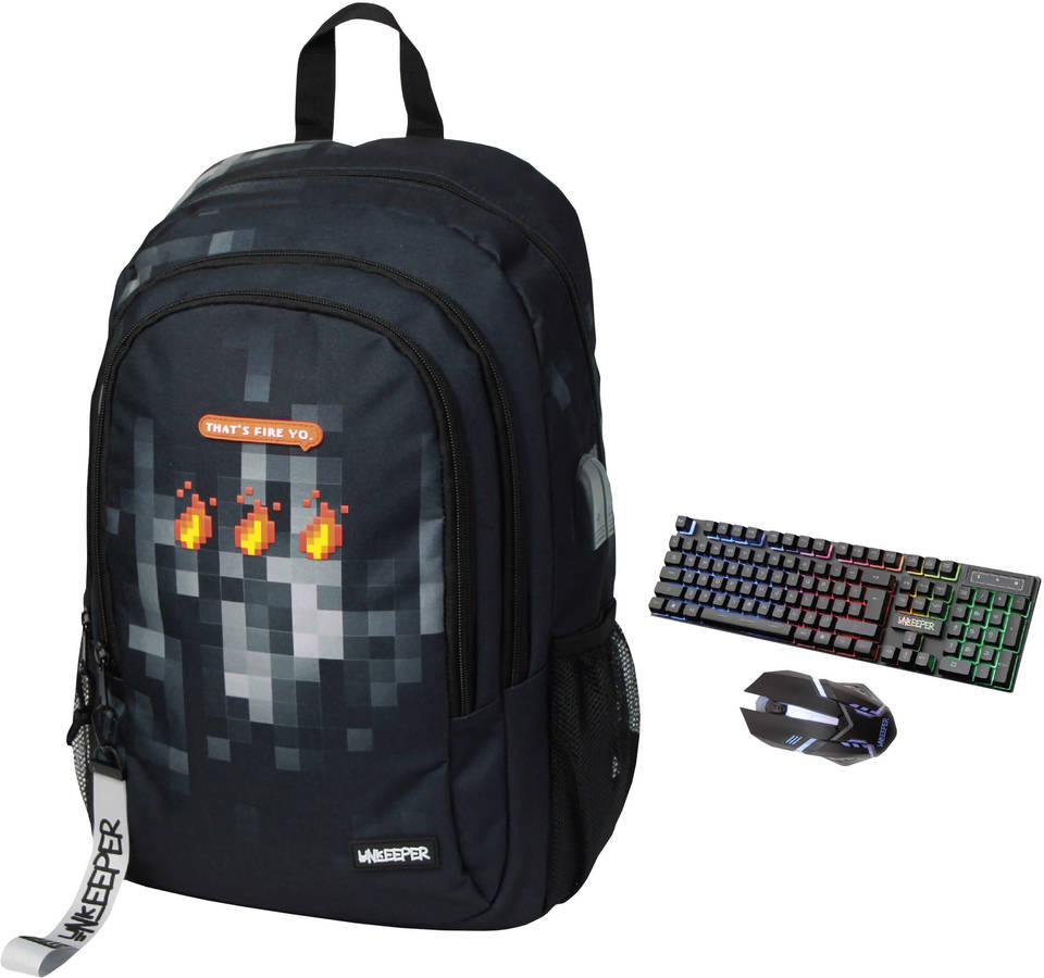 Mochila con Teclado y Ratón Gaming UNKEEPER That's Fire Yo (Negro - Poliéster - 22x29x14 cm)