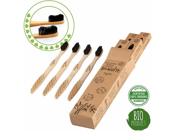 4 Cepillos White dentales blanquadores bambu puro medium biodegradable. recomendados por dentistas todo el mundo. cerdas negras carbon con efecto blanqueador libres bpa dientes boston tech