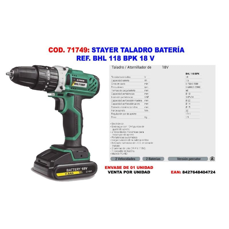 Stayer taladro a bateria ref. bhl 118 bpk 18 v