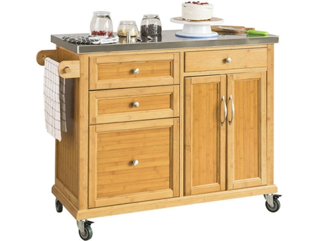 Carrito De Cocina sobuy fkw70n bambúmdfacero inoxidable 115x92x46 cm fkw70ncarrito con piso acero estantería bambúl115 p46 h92cmes