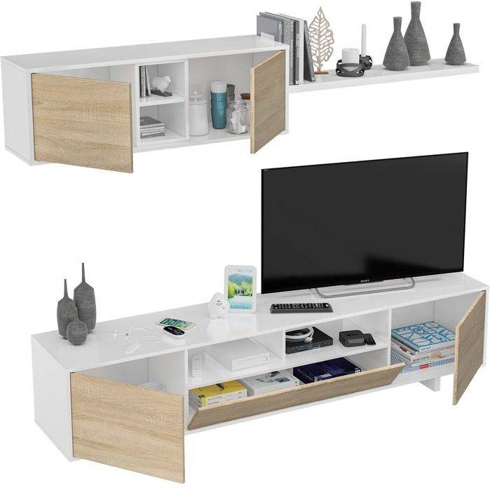 Mueble TV HABITDESIGN Belus  (Blanco Brillo - Roble  - Melamina - 46 x 20 x 41 cm)