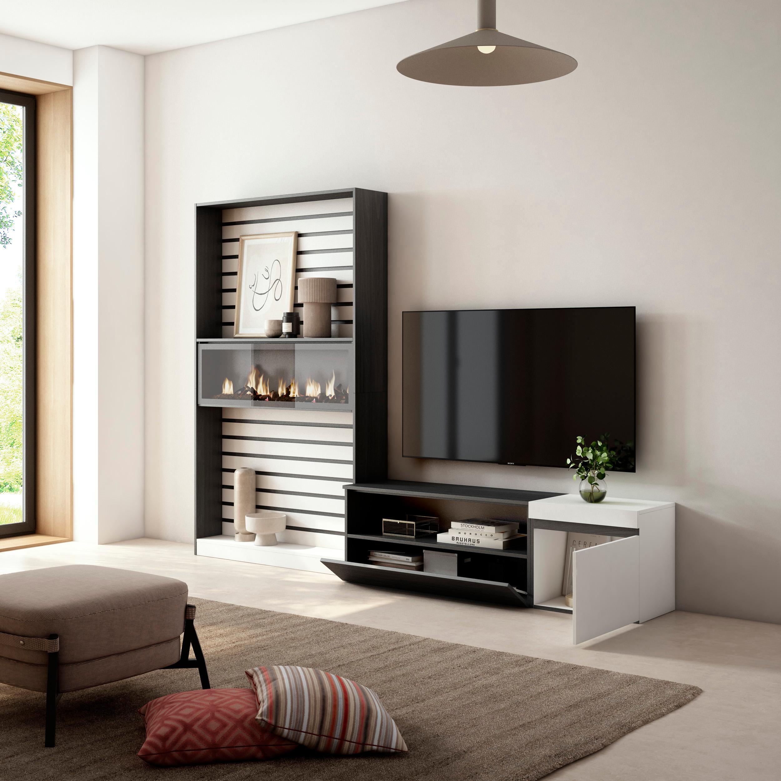 Muebles de Salón para TV, 210x186x35cm, Para TV hasta 80, Chimenea  eléctrica, Blanco y negro