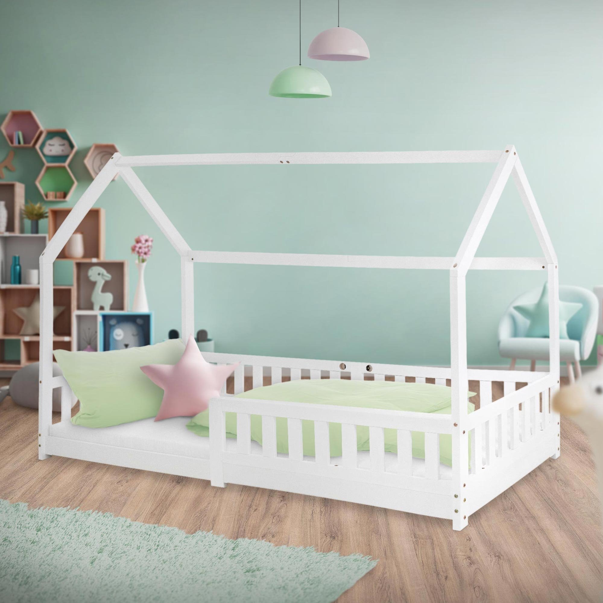 Cama Infantil Reja protectora estructura madera pino blanco cuna 200x90cm listones contra la y el techo 200x90 de diseño