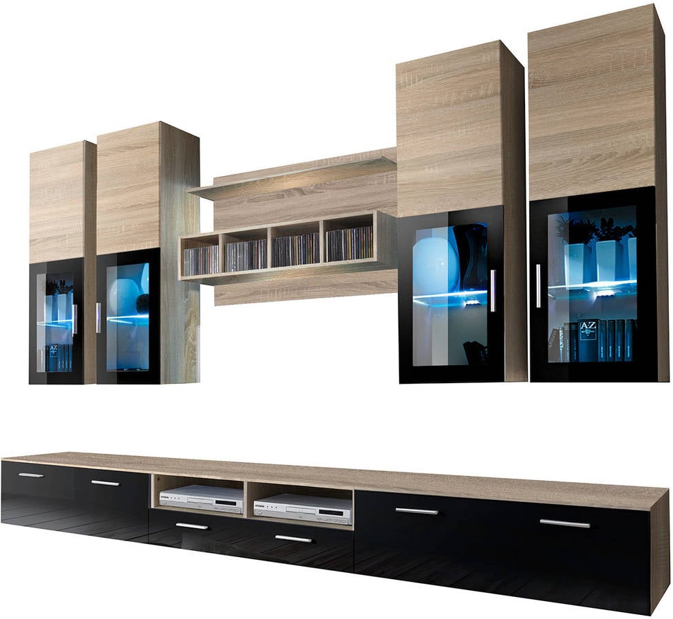 Conjunto De Muebles tv bonitos acosta sonoma y negro 300x45.6x190 cm salon modelo 3