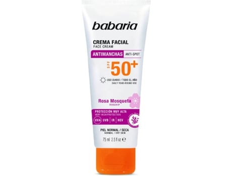 Protector Solar Facial BABARIA Crema Antimanchas de Rosa Mosqueta FPS 50 (75 ml)