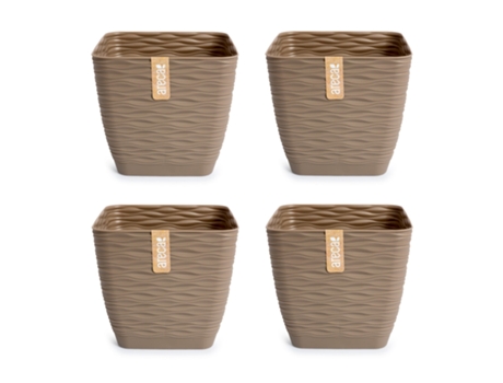 Set de 4 Macetas Decorativas Cuadradas 15 cm con Platos Integrados. Taupe ARECA