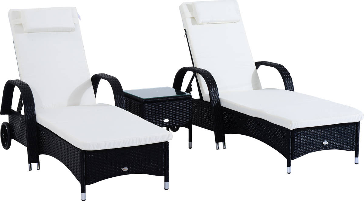 Outsunny Set De 2 tumbonas chaise longue 1 mesa ratan para terraza sillas y respaldo ajustable 5 niveles negro conjuntos muebles 200x73x103cm 862011bk