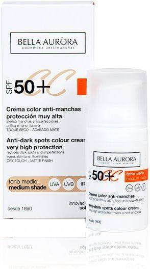 Bella Aurora Crema facial con color spf 50+ 30 ml cc cream para todo tipo de piel protector solar antimanchas antidark spolvots colour very 30ml