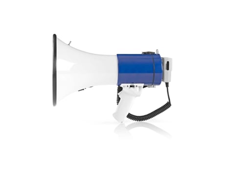 Megaphone Maximum range: 1500 m Maximum Volume control: 135 dB Detachable Microphone Built-in siren Shoulder strap Blue / White